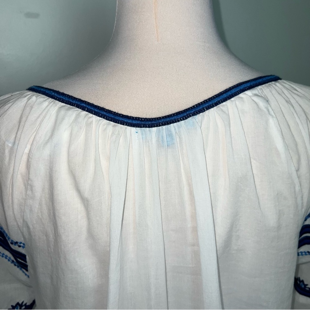 Blue Island White Blue Embroidered Cotton Swim Cover Tassel Boho Beach Tunic M - Picture 10 of 15